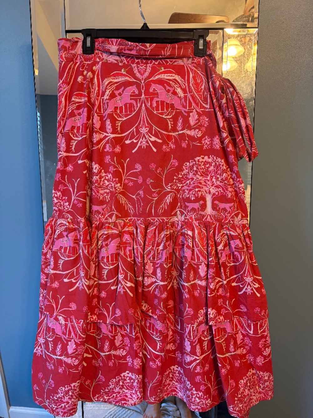 House of MBR Red and Pink Tally Ho Pattern Wrap Skirt- Size L- VGUC